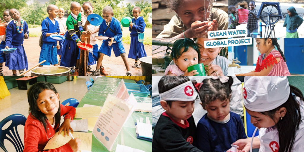 Photo collage from the Clean Water Global Project: children collecting and drinking clean water, and taking part in school and health programmes