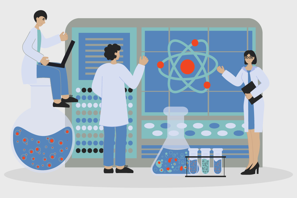 Illustration of three laboratory scientists working with data screens, a large flask and racked test tubes
