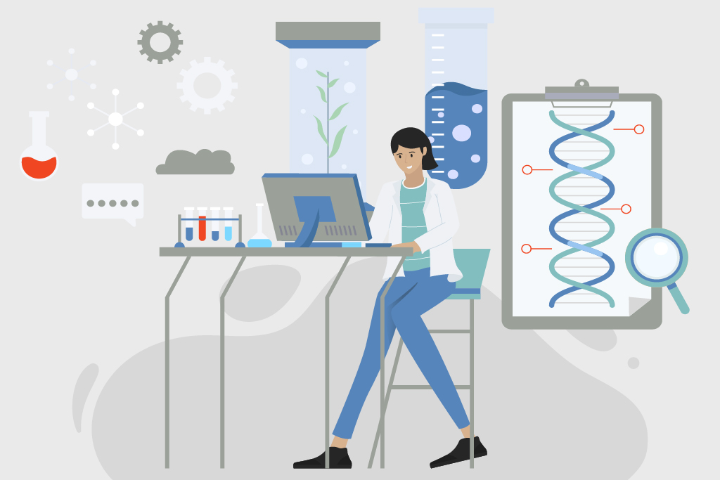 Illustration of a scientist at a computer beside test tubes, a plant growth chamber and a DNA sequence chart