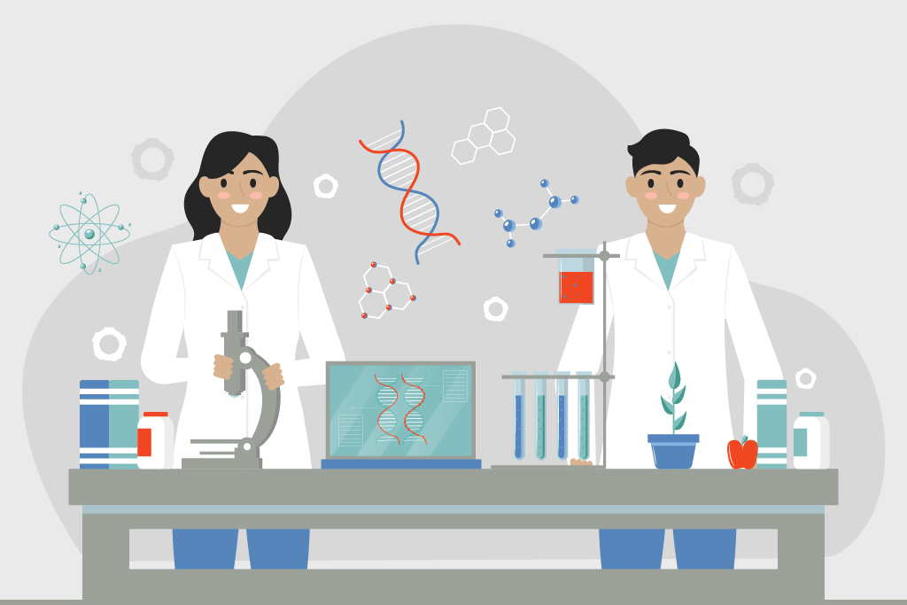 Illustration of two laboratory scientists at a bench with a microscope, test tubes and a laptop, surrounded by molecular diagrams