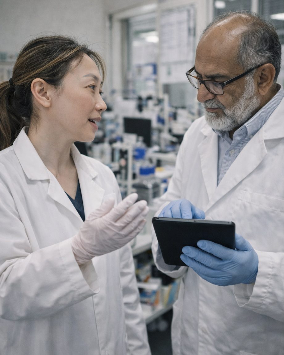 Two scientists reviewing quality records on a tablet in a working laboratory